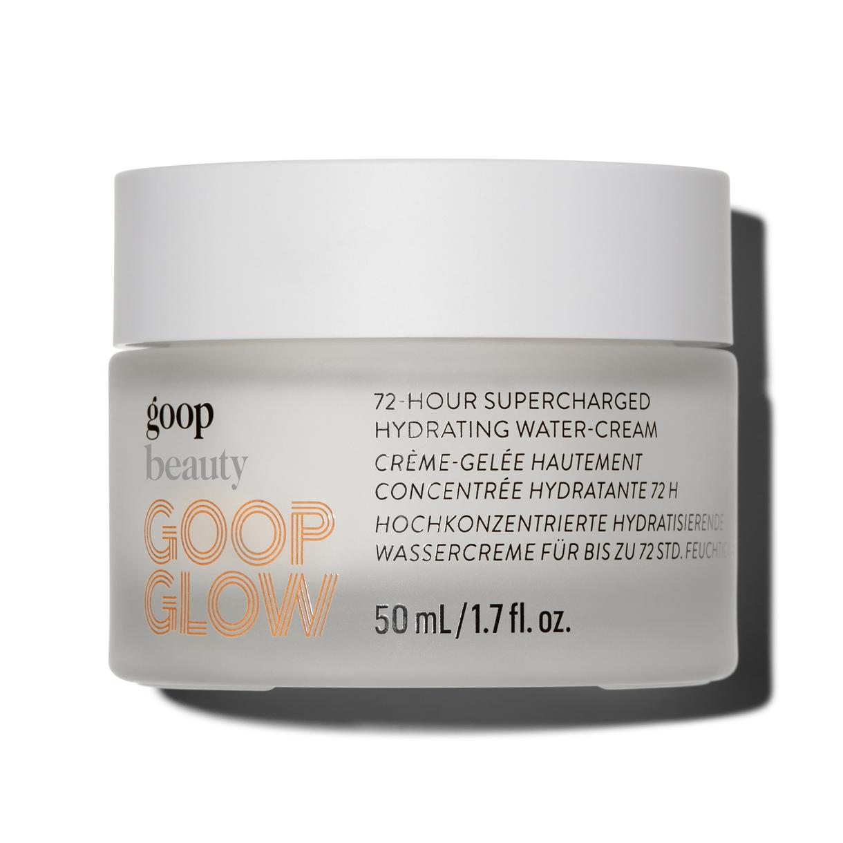 Jar of goop beauty 72-hour supercharged hydrating water-cream with a white and gray label that includes product information.