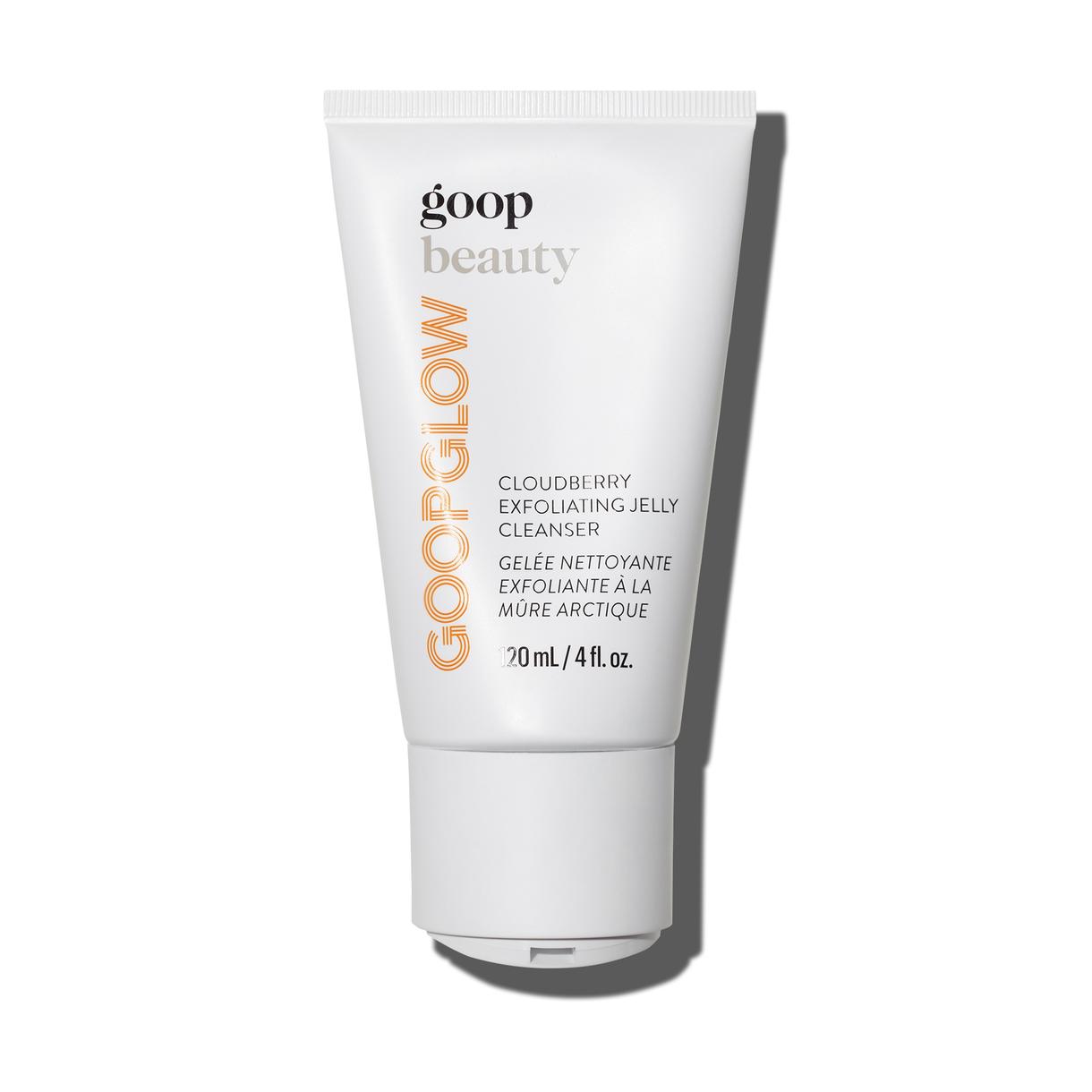 A tube of goop beauty Cloudberry Exfoliating Jelly Cleanser against a solid white background.