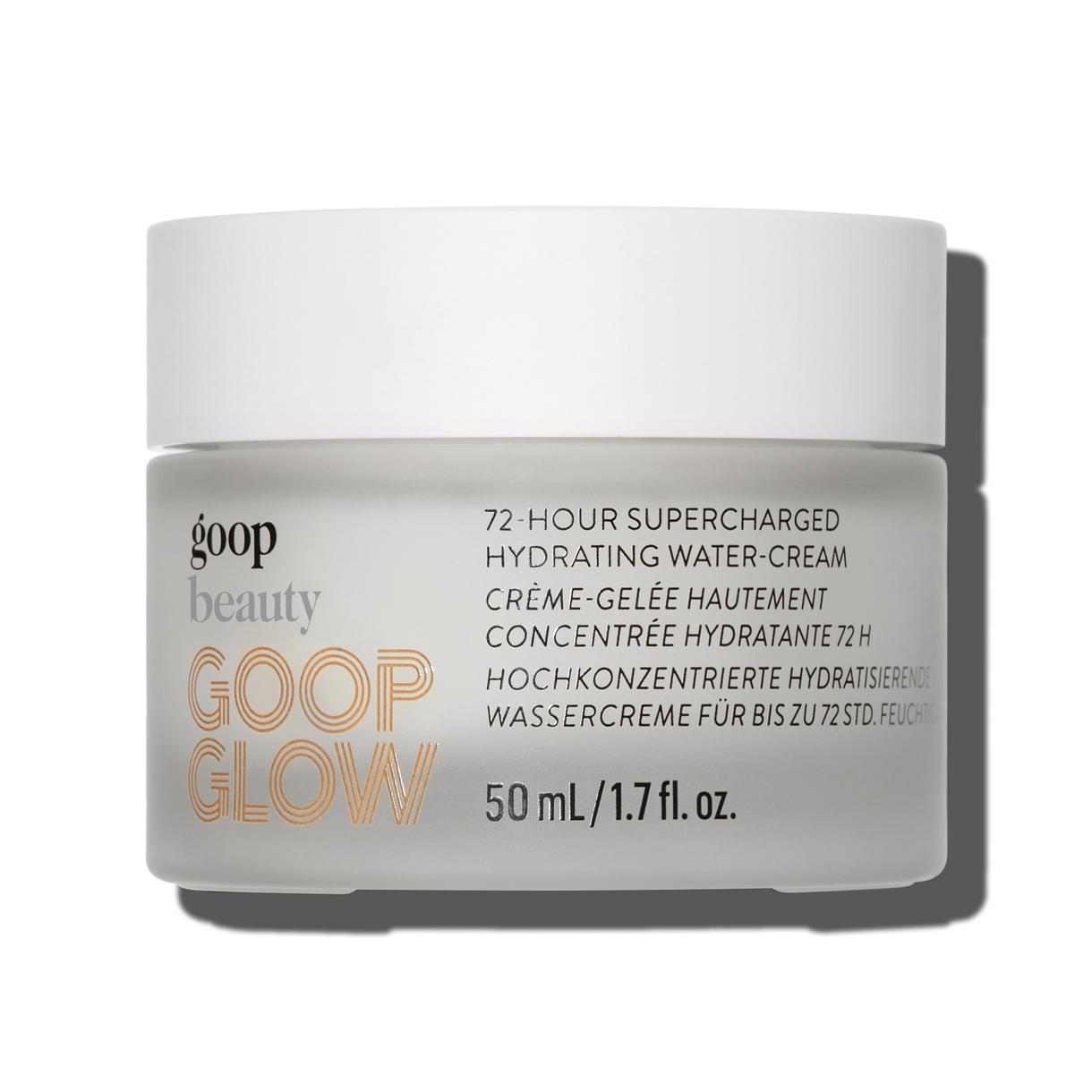 Jar of goop beauty 72-hour supercharged hydrating water-cream with a white and gray label that includes product information.