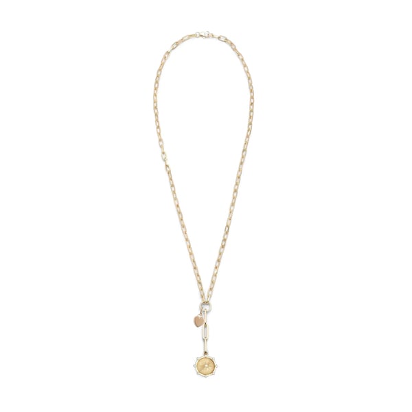Foundrae Refined Clip Chain Necklace with Spark Medallion and Petite Heart Ingot
