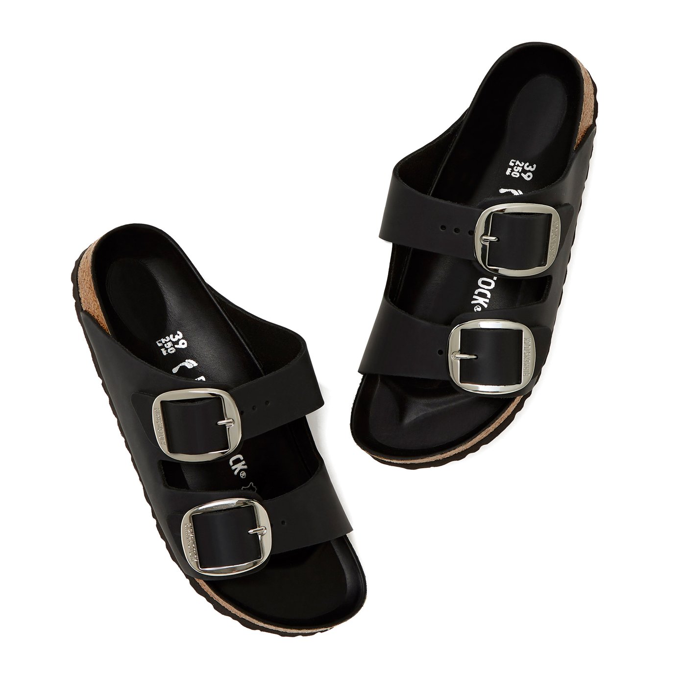 Black birkenstocks with silver buckle sale