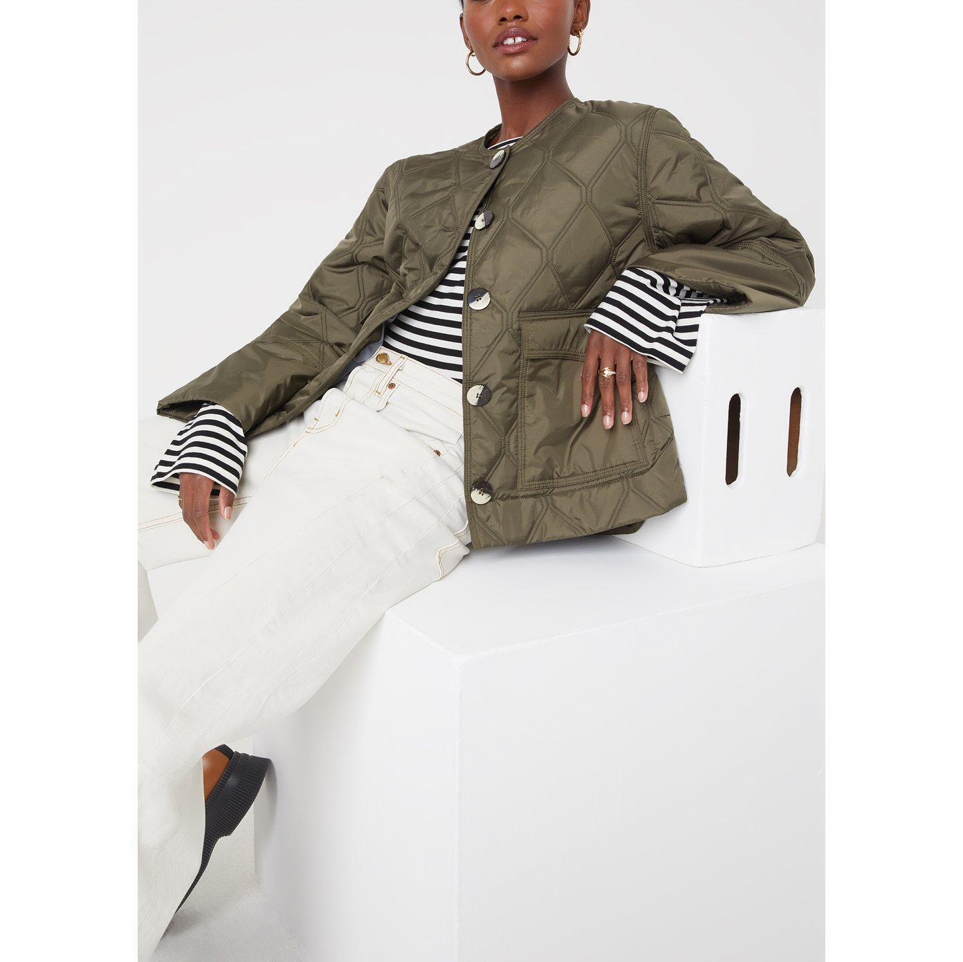 Ganni Recycled Ripstop Quilt Frill Collar Jacket | goop