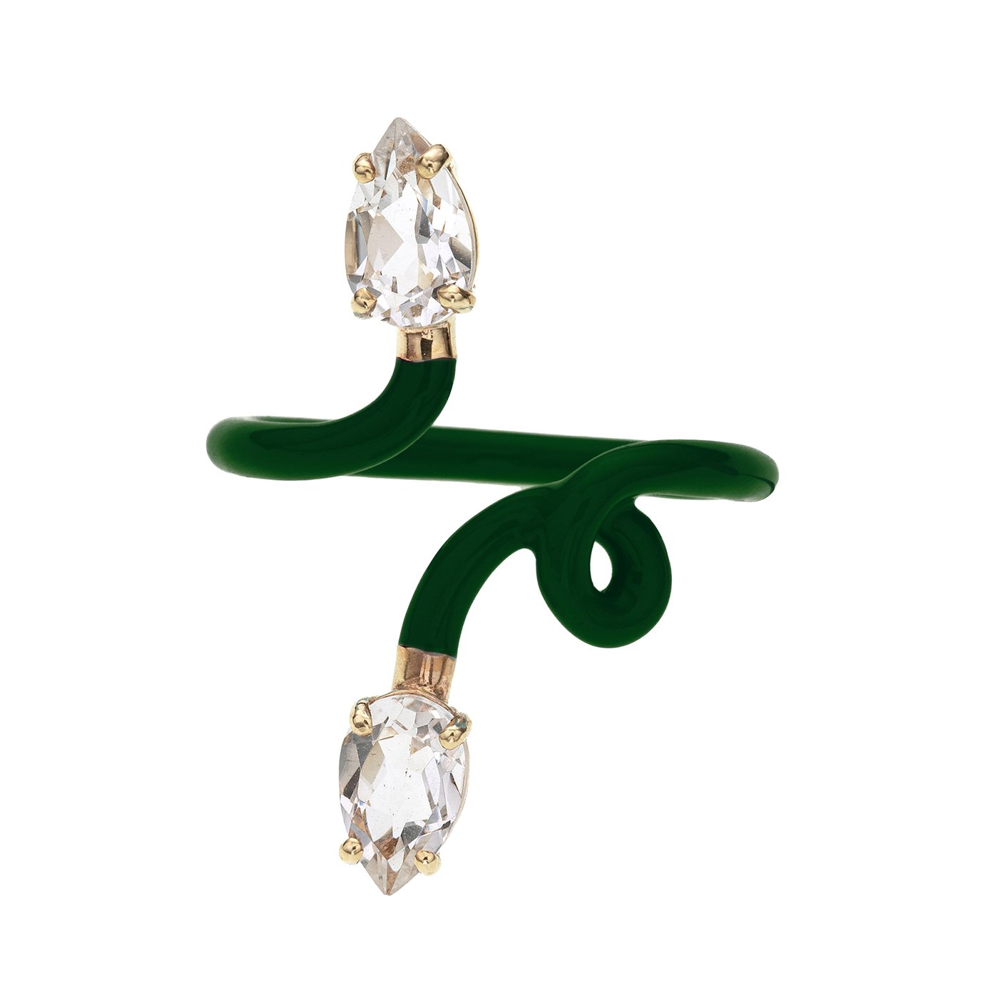 Bea Bongiasca Double Vine Tendril Ring with Emerald Green Enamel and Drop-Cut Rock Crystal
