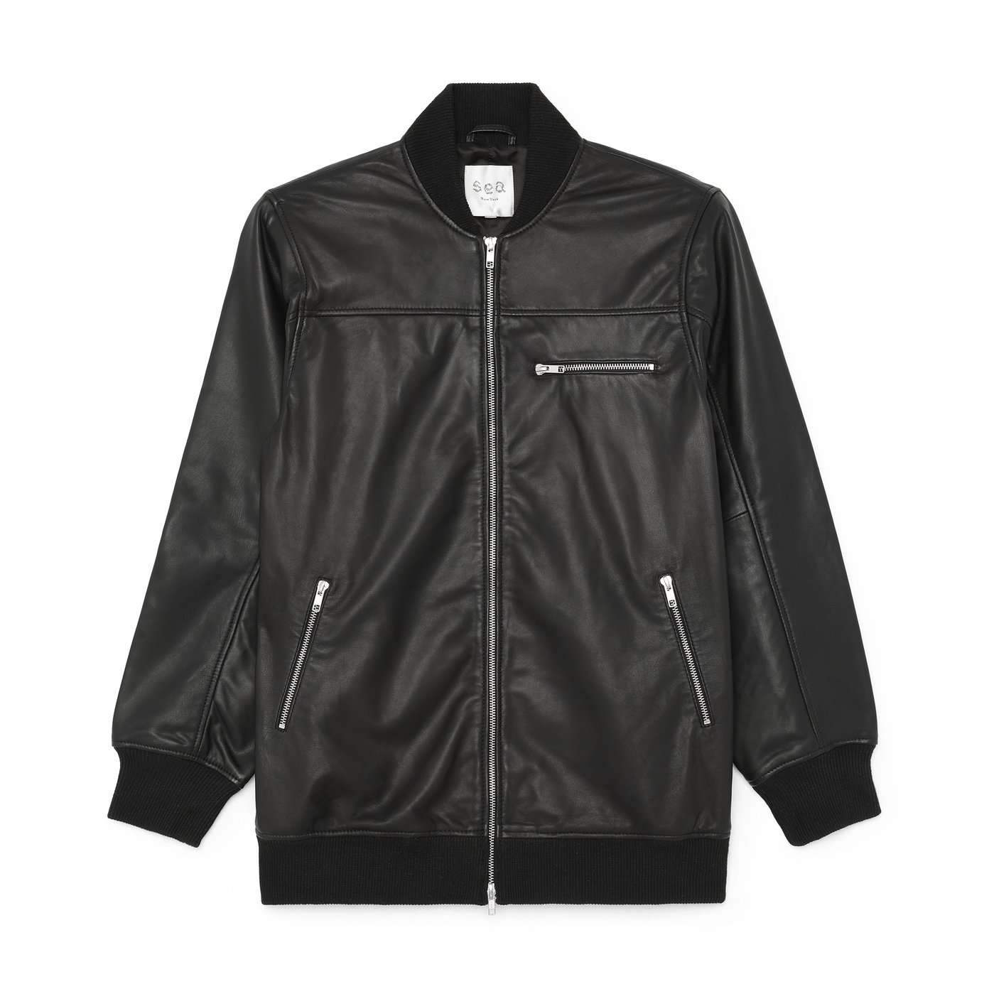 Utility Leather Jacket with Rib-Knit Trim