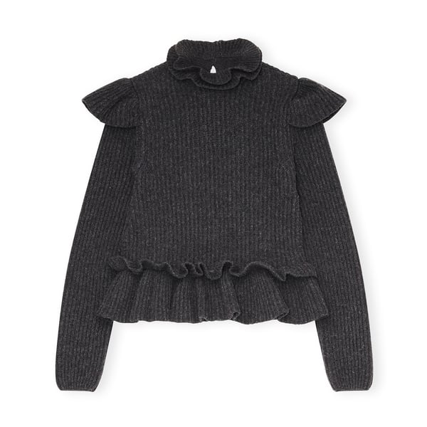 Ganni Rib-Knit Frill Sweater