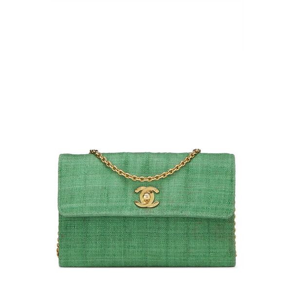 What Goes Around Comes Around CHANEL GREEN LINEN VERTICALFLAP MICRO