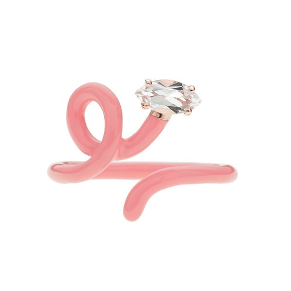 Bea Bongiasca Baby Vine Tendril Ring with Marquise-Cut Rock Crystal and Coral Pink Enamel