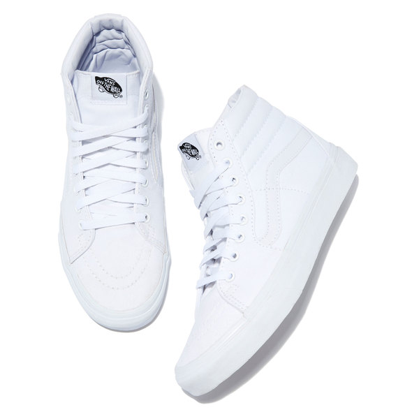 white canvas high top vans