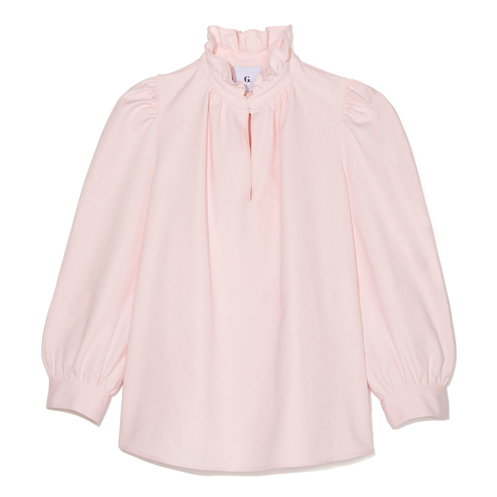 pink ruffle neck blouse