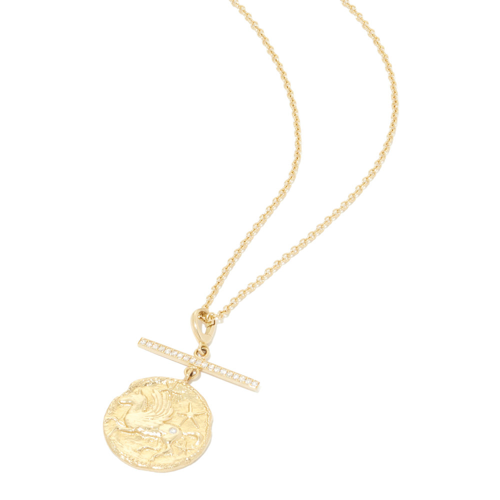 Azlee Pegasus Coin With Diamond Bar Necklace In Yellow Gold,diamond