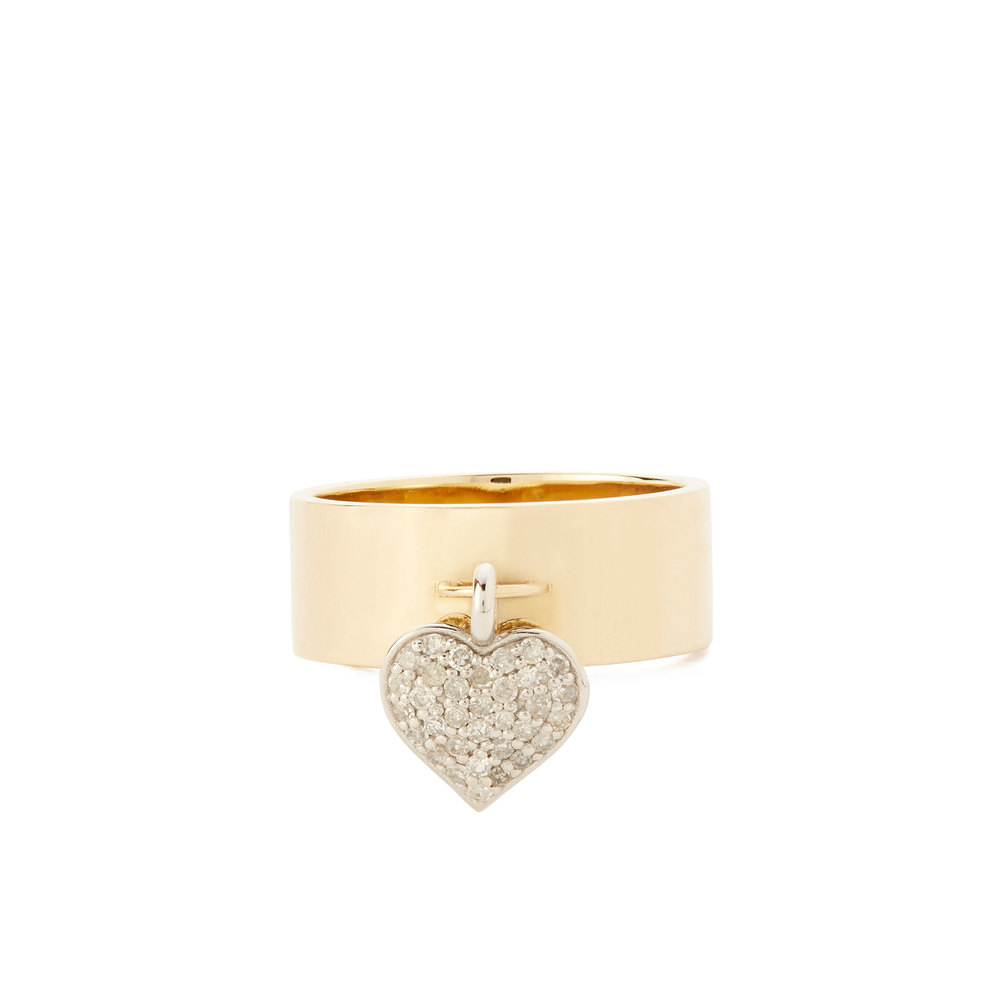 Nancy Newberg Heart Charm Ring In Yellow Gold,white Diamond