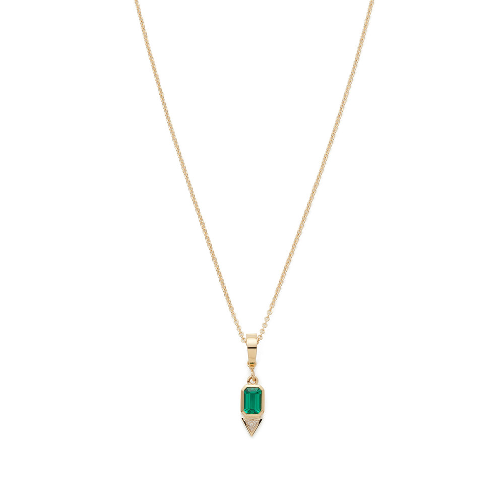 Azlee Emerald & Trillion Small Diamond Charm With 20" Chain In Yellow Gold,emerald
