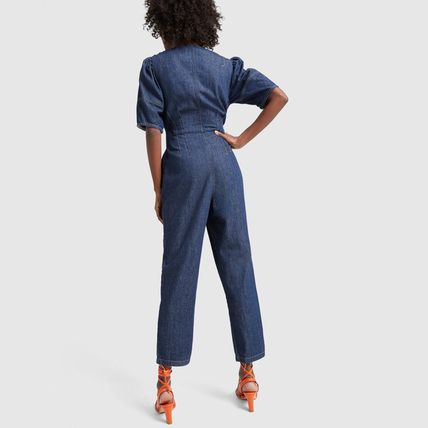 short sleeved denim jumpsuit