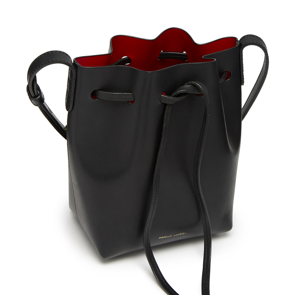 black bucket bag with red inside