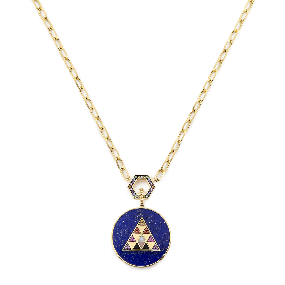 Harwell Godfrey Foundation Necklace With Stone Inlay Medallion In Yellow Gold/rainbow/lapis