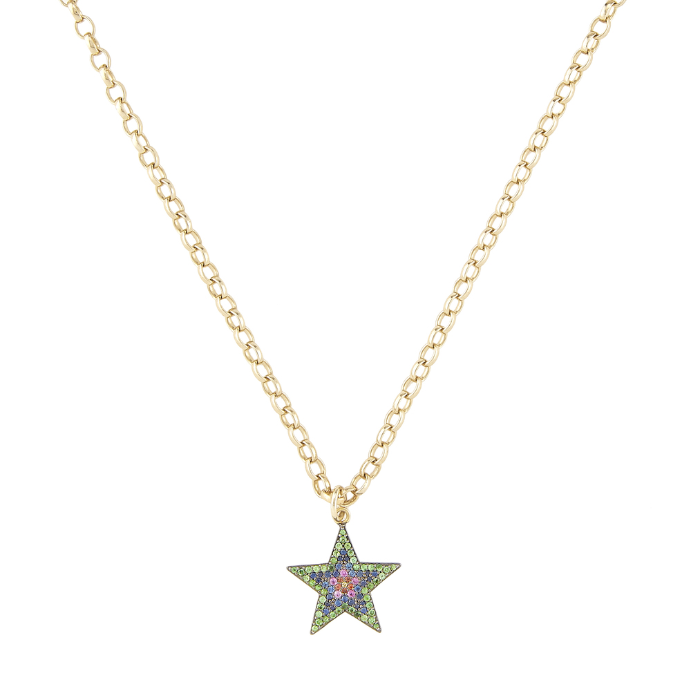 Kirstie Le Marque Pavé Multicolor Large Star Pendant Necklace In Pink And Blue Sapphire,tsavorite