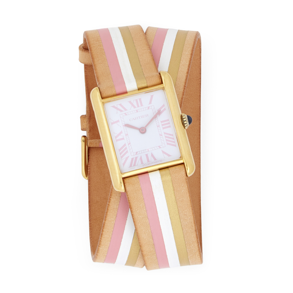 La Californienne Large Cartier Tank Wrap Strap Watch In Blanc,flamingo,dawn
