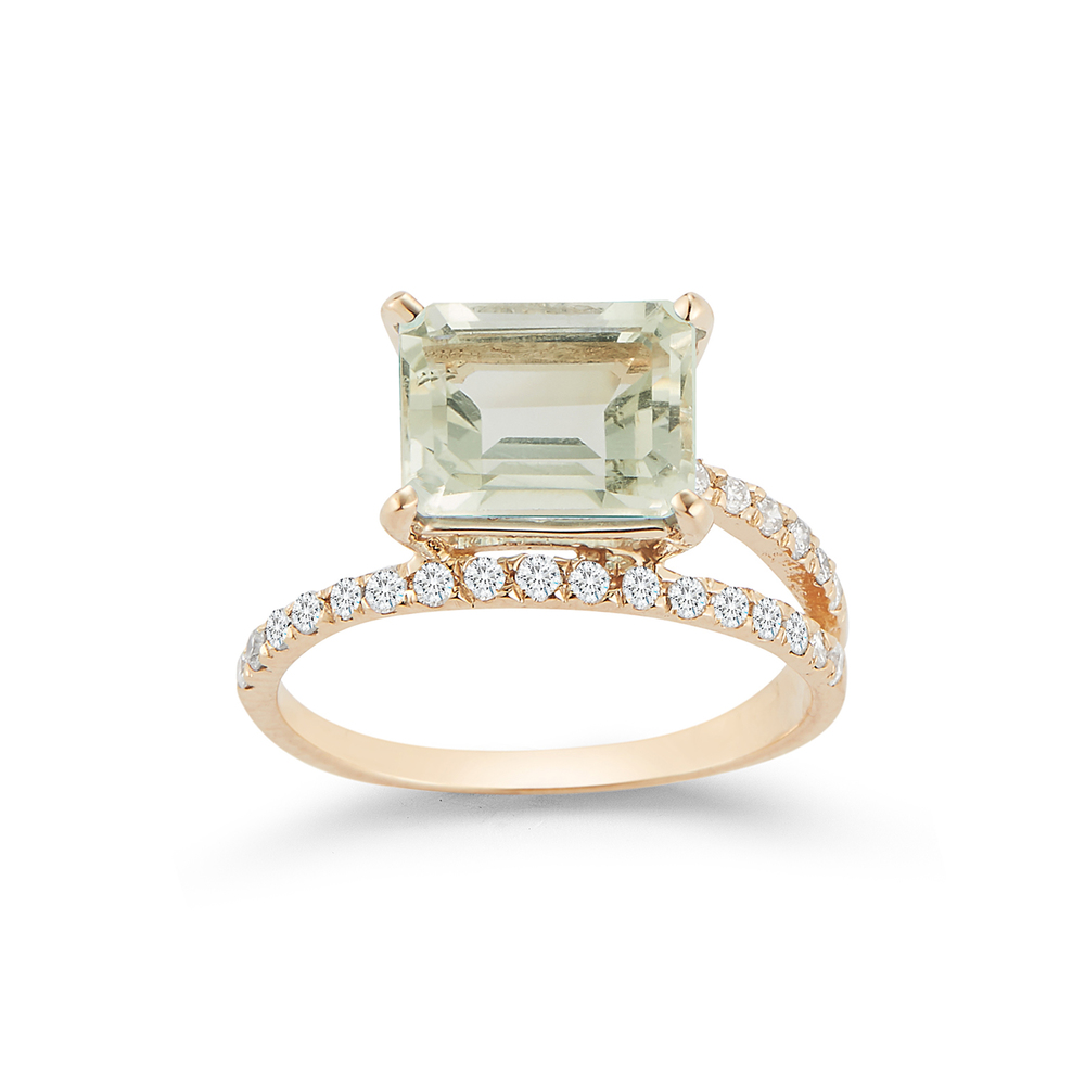 Mateo Point Of Focus Ring In Yellow Gold/White Diamonds/Green Amethyst, Size 8