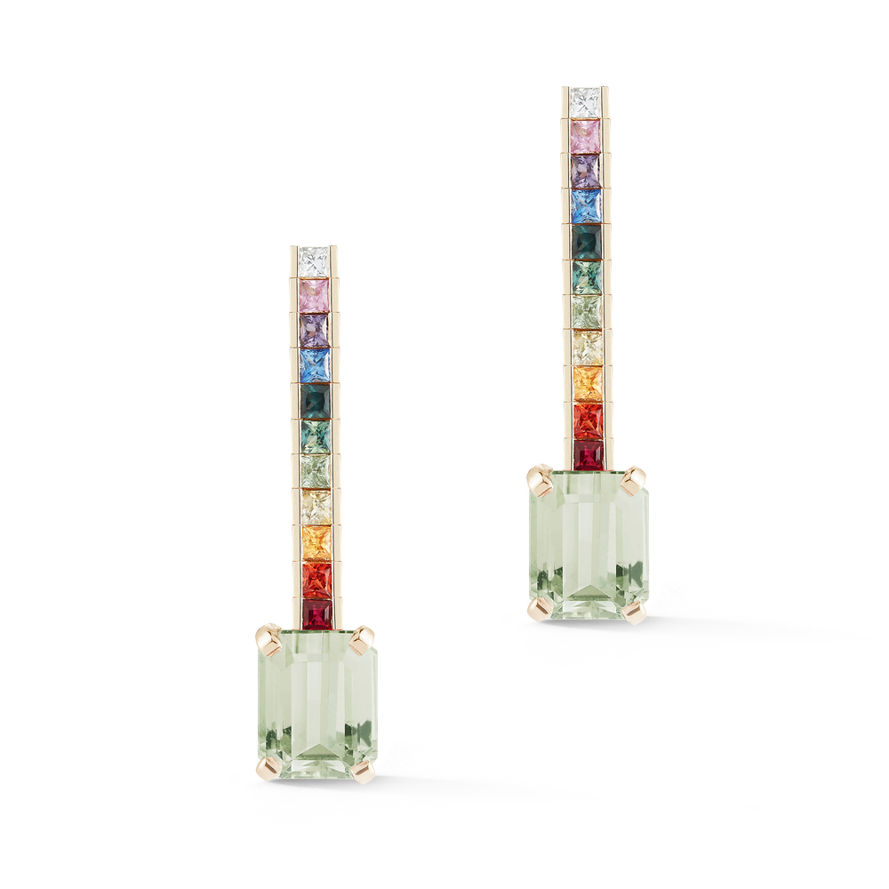 Mateo Somewhere Over The Rainbow Earrings In Yellow Gold/Rainbow Sapphire/Green Amethyst