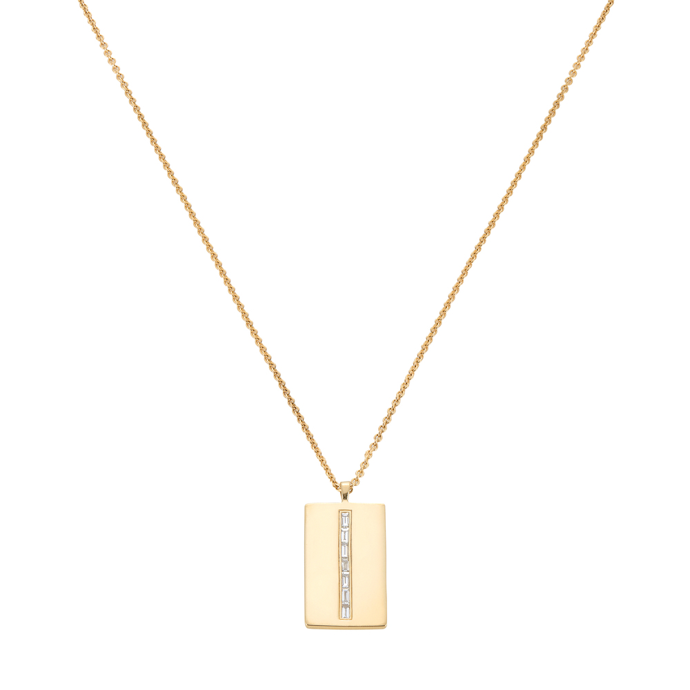 Eriness Diamond Baguette Dog Tag Necklace In Yellow Gold,white Diamond