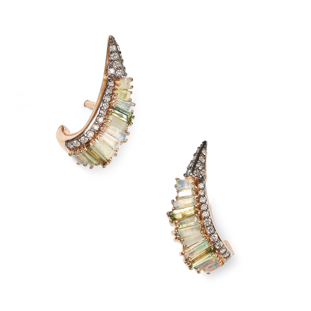 Nak Armstrong Ruched Ear Clips Earring In Rose Gold/Opal/Tourmaline/White Diamond