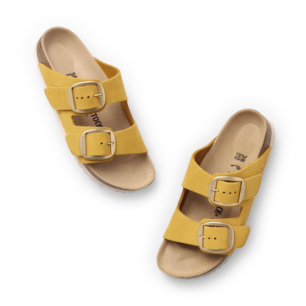 black patent birkenstocks with gold buckle