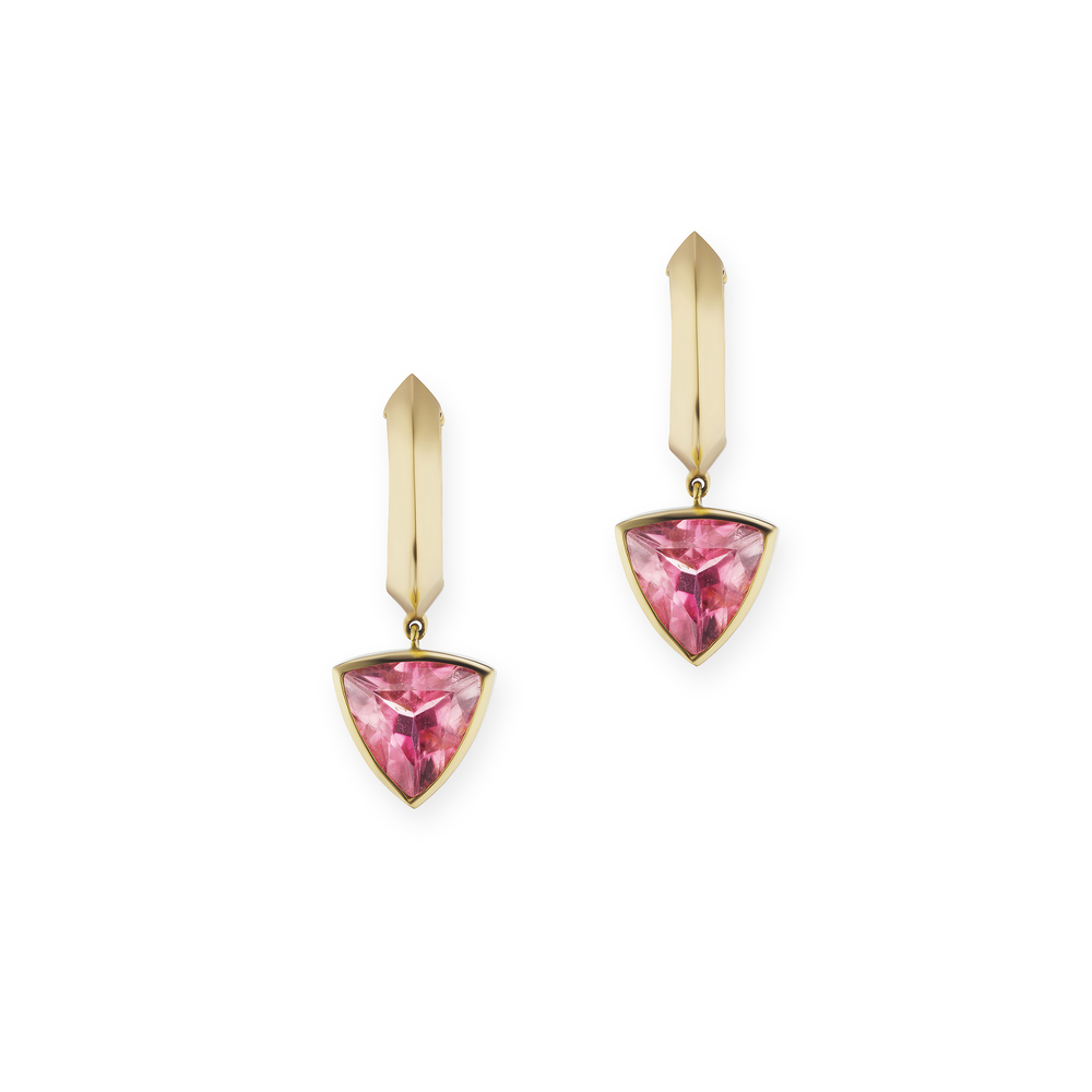 Sorellina Dangling Pink Tourmaline Huggies Earring In Yellow Gold/Color Change Garnet