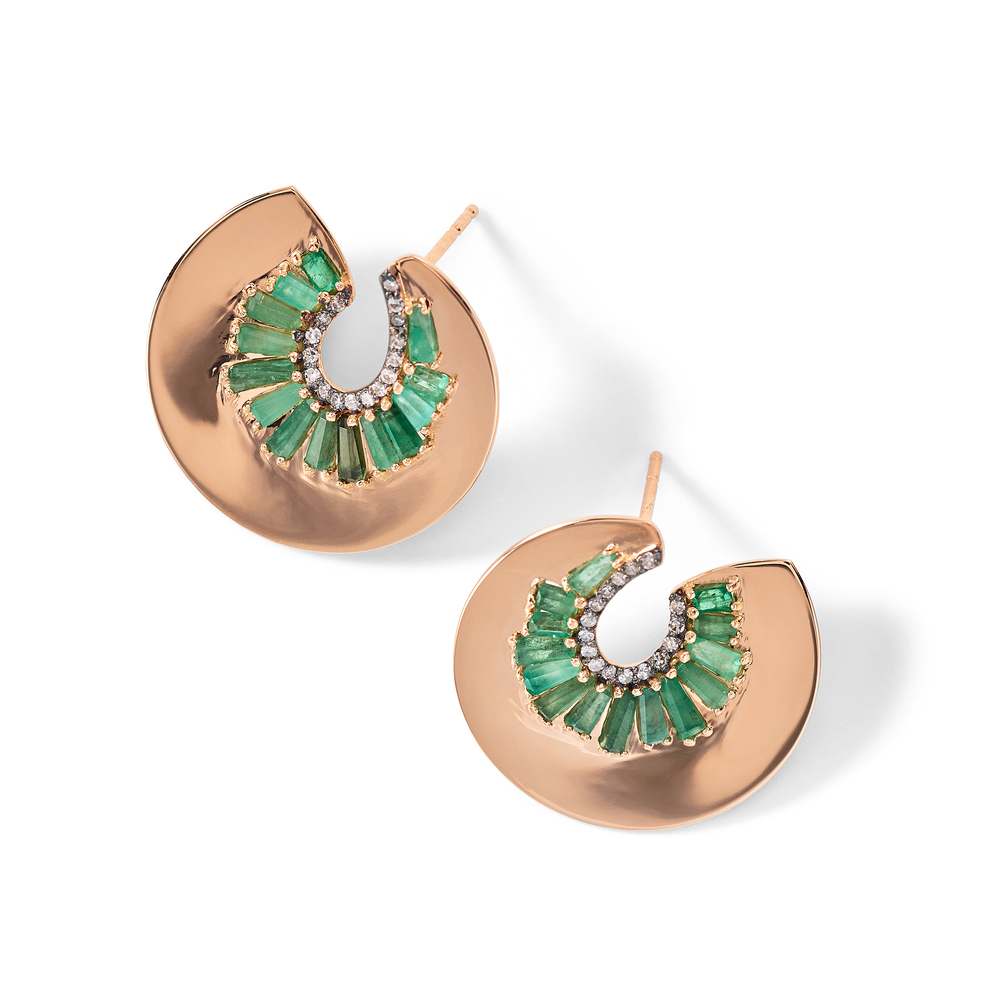 Nak Armstrong Aperture Bypass Hoops Earring In Rose Gold/white Diamond/emerald