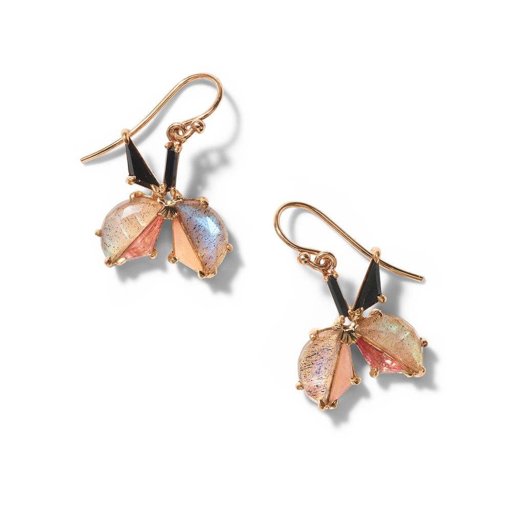 Nak Armstrong Water Lily Earrings In Rose Gold/Black Spinel/Labradorite/Peach Tourmaline/Peach Moonstone