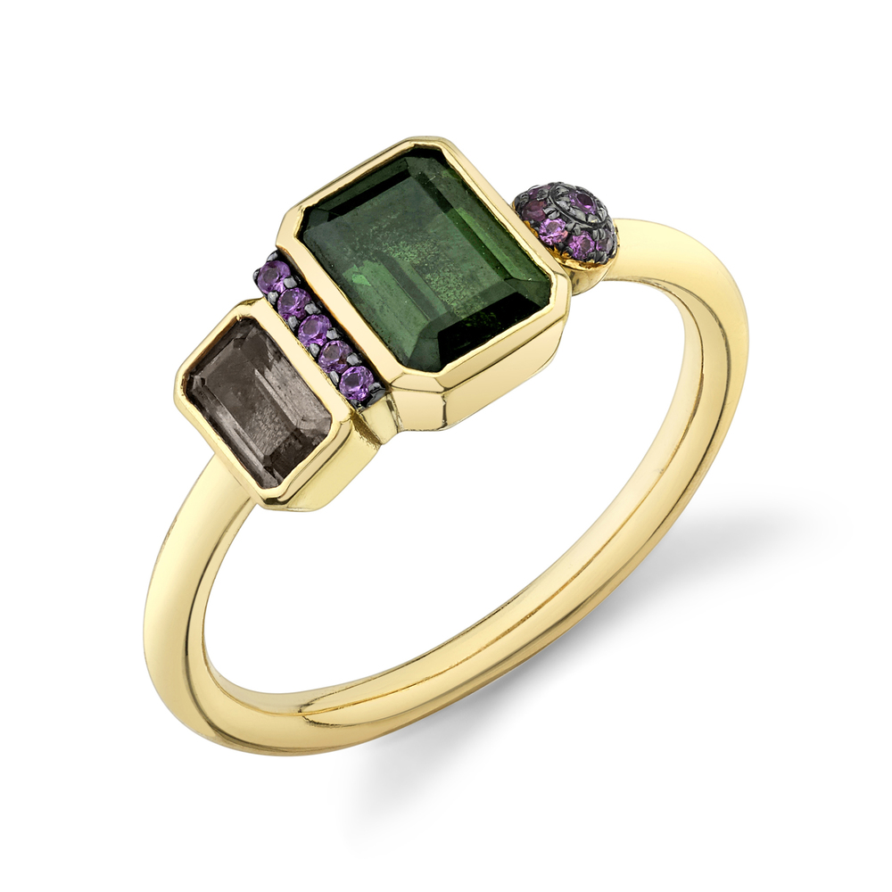 Sarah Hendler Small Mashup Ring In Yellow Gold/Smoky Quartz/Green Tourmaline/Pink Sapphire, Size 5.5