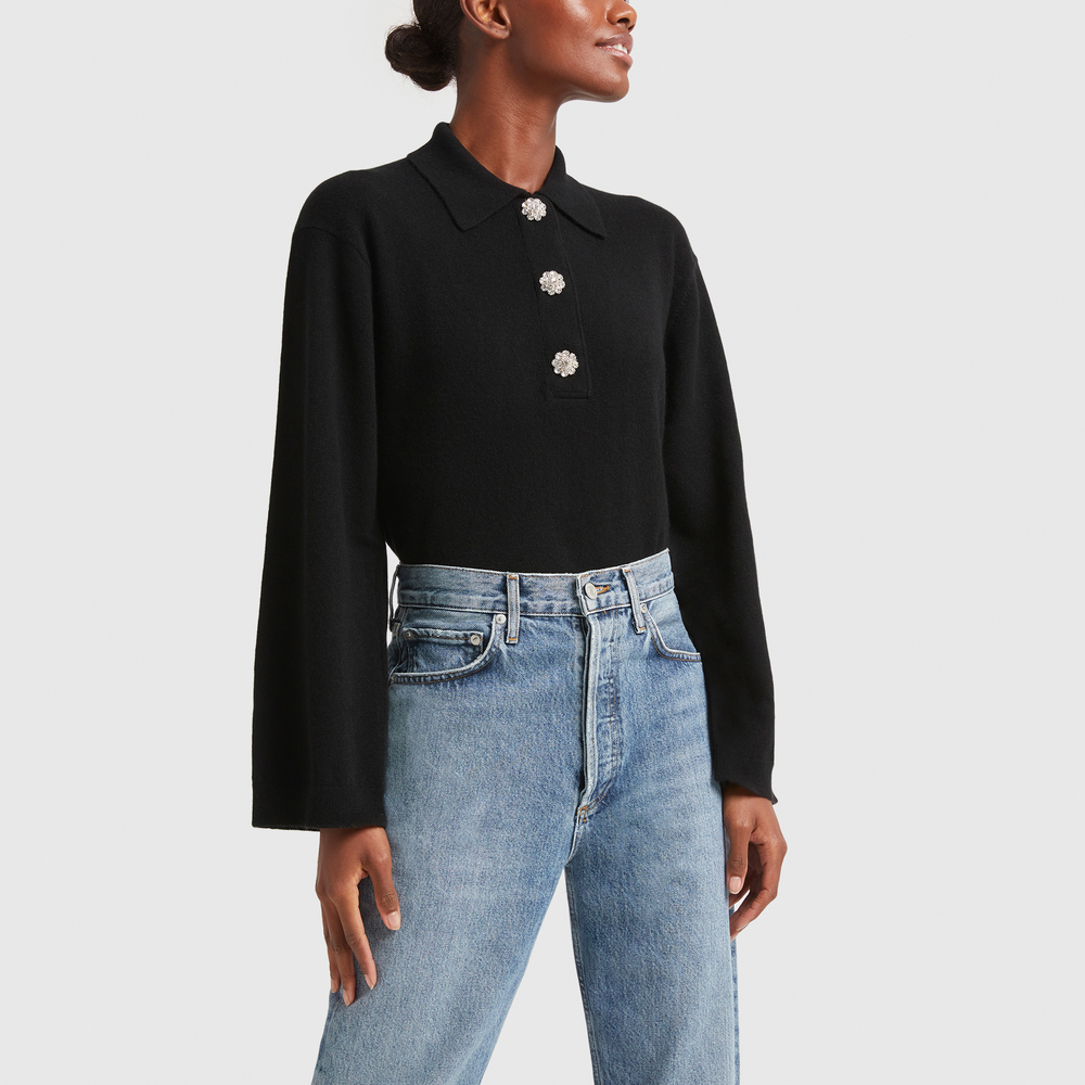 Shop Ganni Collared Cashmere Sweater In Black