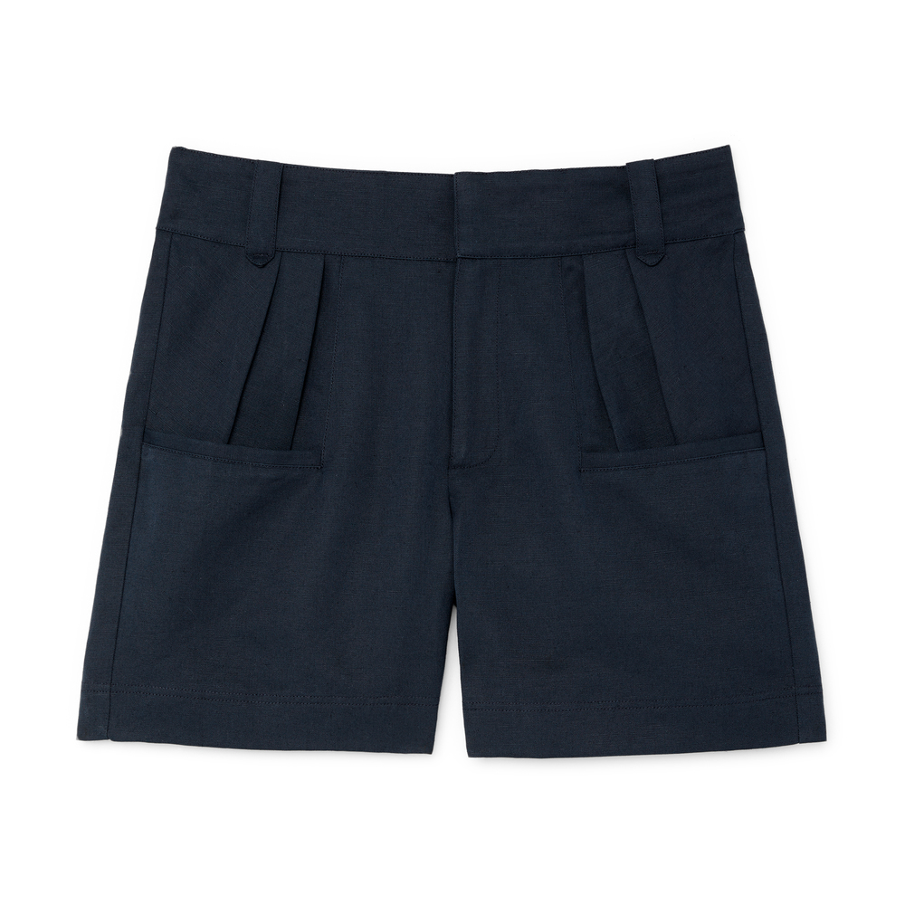 G. Label By Goop Miller High-Waisted Pleated Shorts In Navy, Size 12