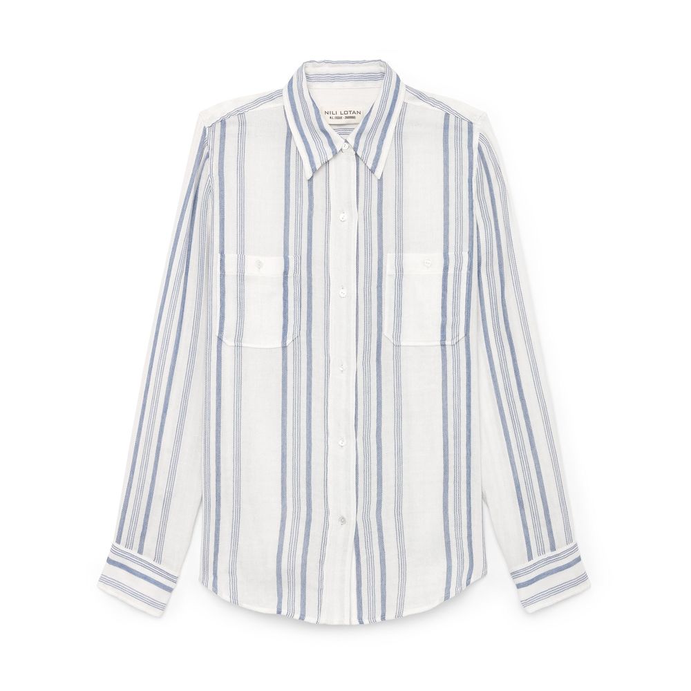 Nili Lotan Kaya Shirt In Blue/white Stripe, Medium
