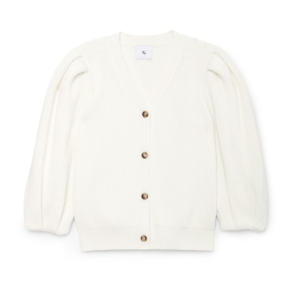 G. Label By Goop Hill Ribbed Puff Sleeve Cardigan In Ivory, Large