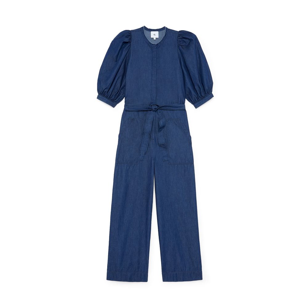 Puff Sleeve Tie Waist Medium Wash Denim Jumpsuit