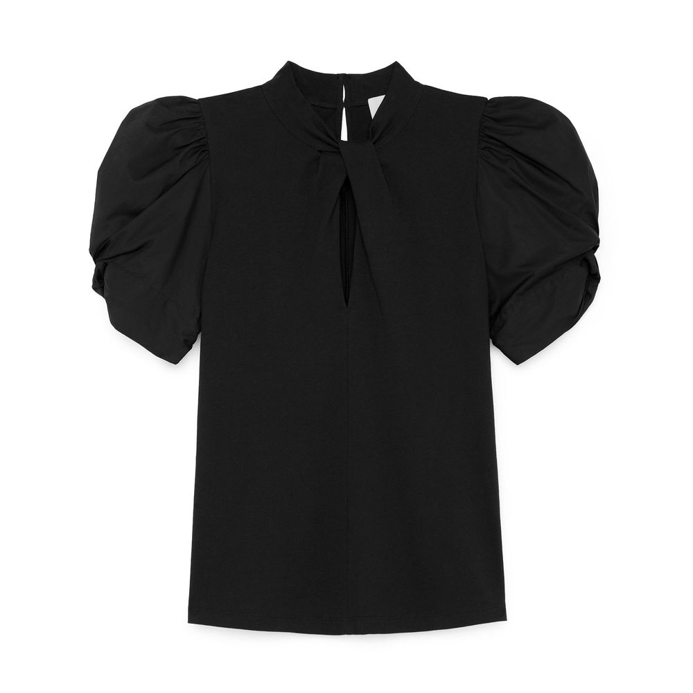 G. Label By Goop Ella Pleated Neck Puff Sleeve T-Shirt In Black, Size 4