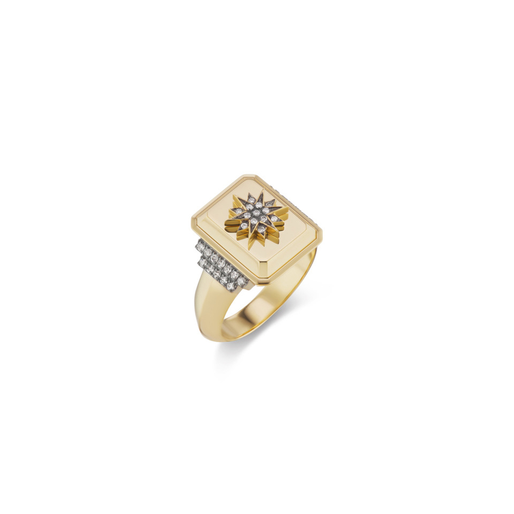 Sorellina Solid Gold Signet Ring In Yellow Gold/White Diamond, Size 3.5