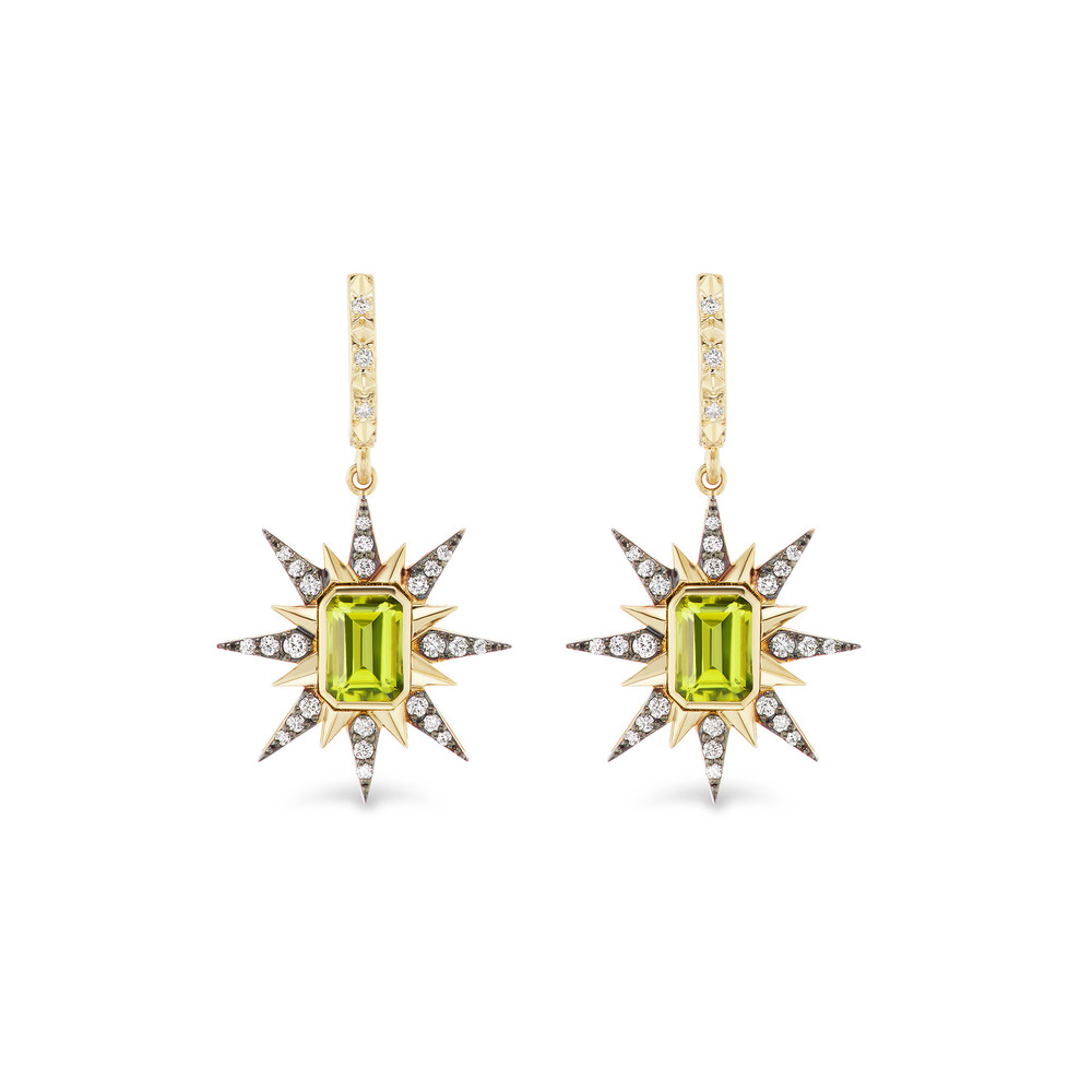 Marlo Laz Genevieve Starburst Earrings In Yellow Gold/Peridot/White Diamonds