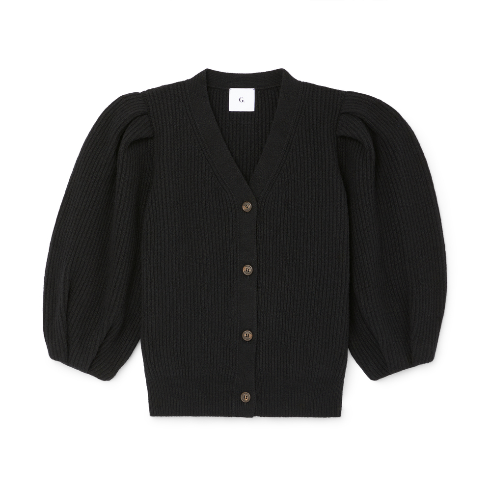 G. Label By Goop Foster Ribbed Puff-Sleeve Cardigan In Black, X-Large