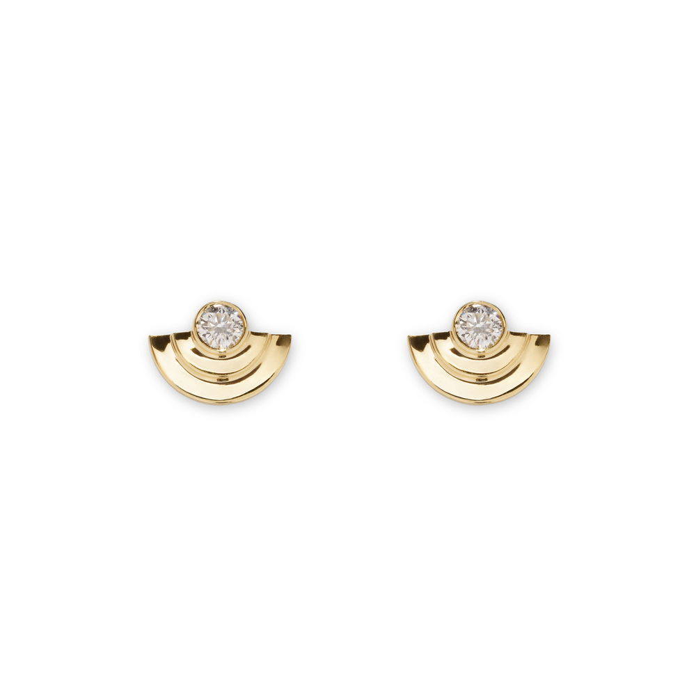 Azlee Petite Half-Circle Diamond Staircase Stud Earrings In Yellow Gold/White Diamonds
