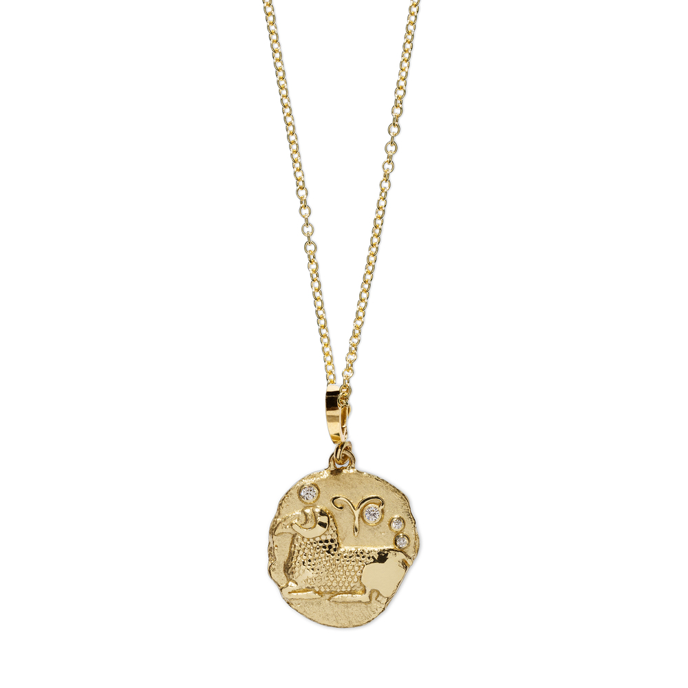 Azlee Zodiac Small Coin Necklace In Yellow Gold/White Diamonds