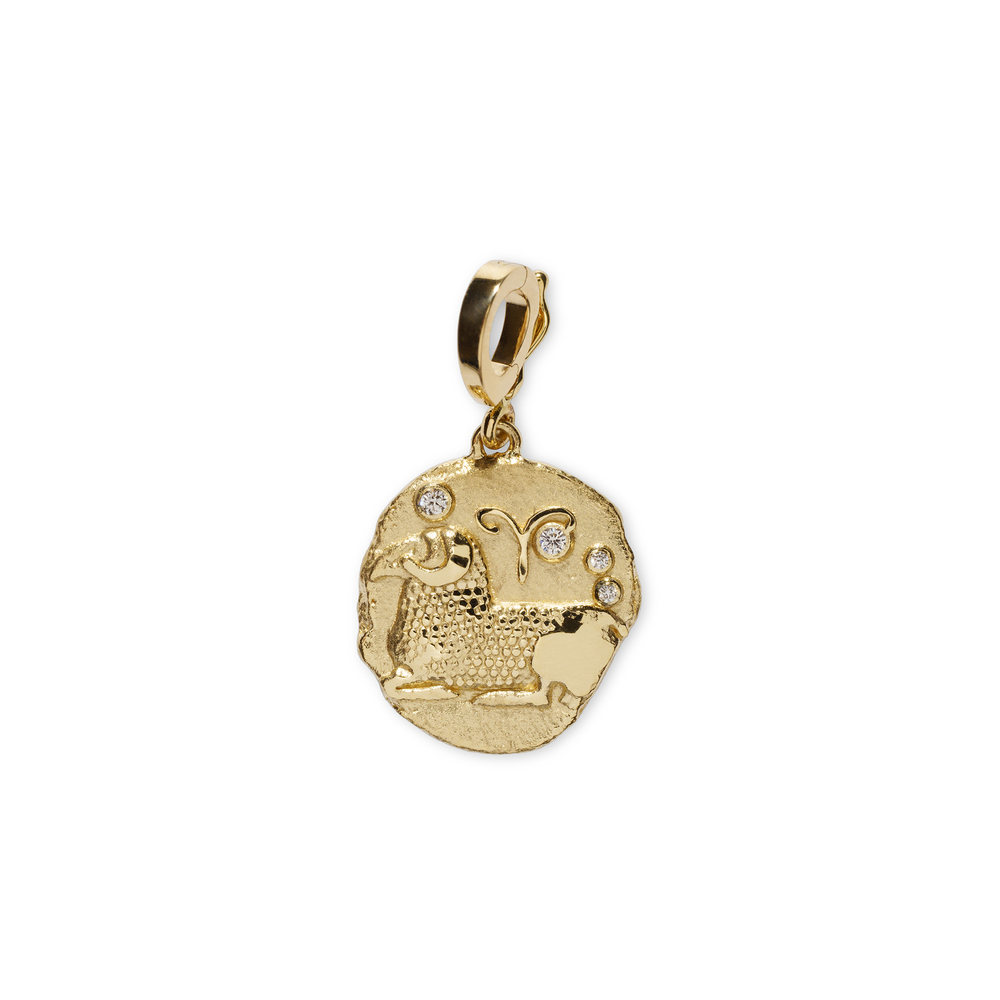 Azlee Zodiac Small Coin Necklace In Yellow Gold/White Diamonds