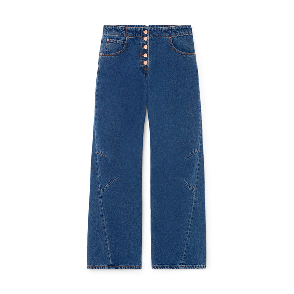 Button Fly Relaxed Leg Jeans in Medium Wash - Denim