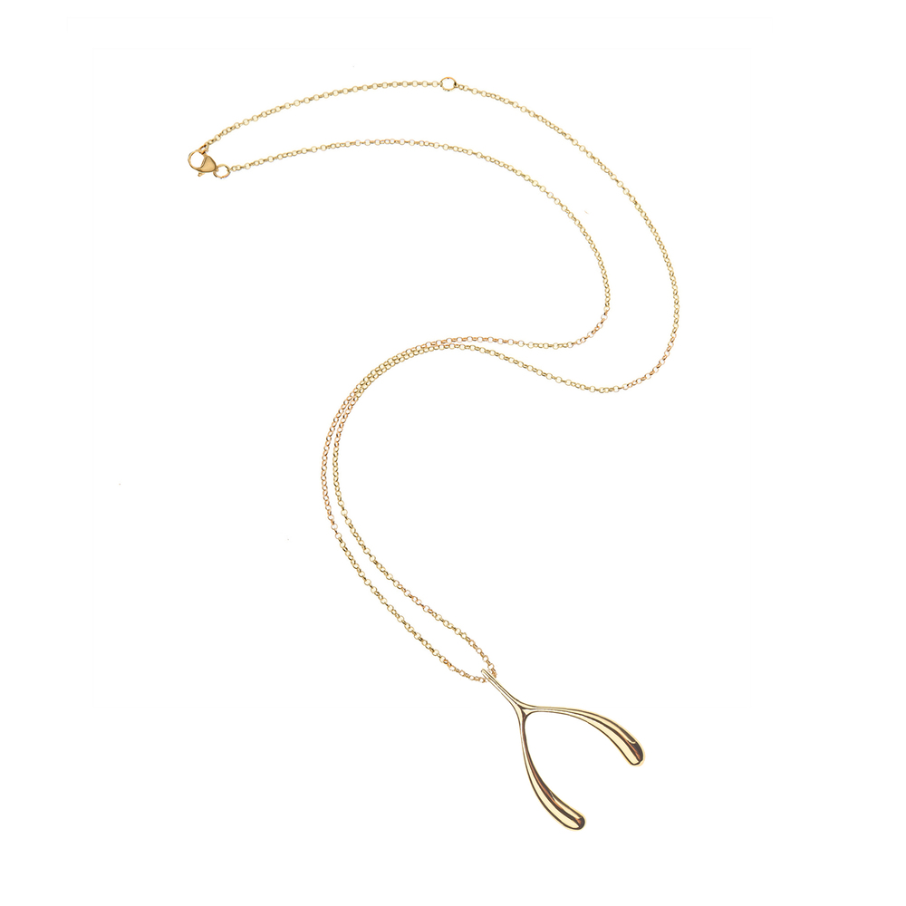 Jane Win Lucky Gold Wishbone On Adjustable Chain In 14k Gold Plated Brass