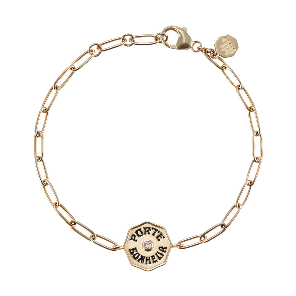 Marlo Laz Petite Porte Bonheur Bracelet In Yellow Gold/White Diamond/Black Enamel