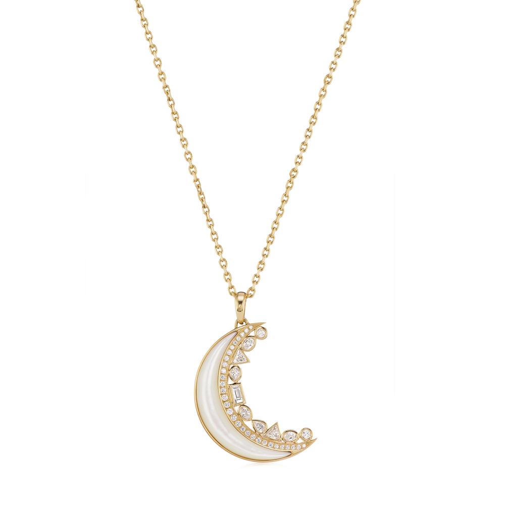 Sorellina Crescent Moon Inlay Necklace In Yellow Gold/White Diamonds/Mother Of Pearl