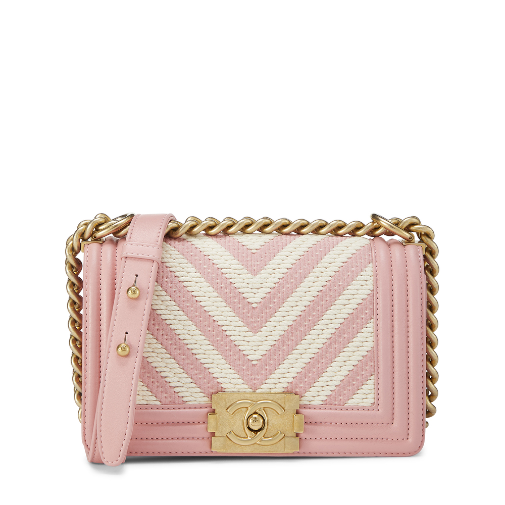 What Goes Around Comes Around Chanel Pink Woven Chevron Boy Small | goop