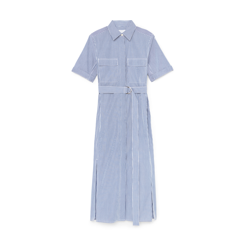 Maria McManus Short Sleeve Pocket Shirtdress In Twill Royal Blue Stripe, Small