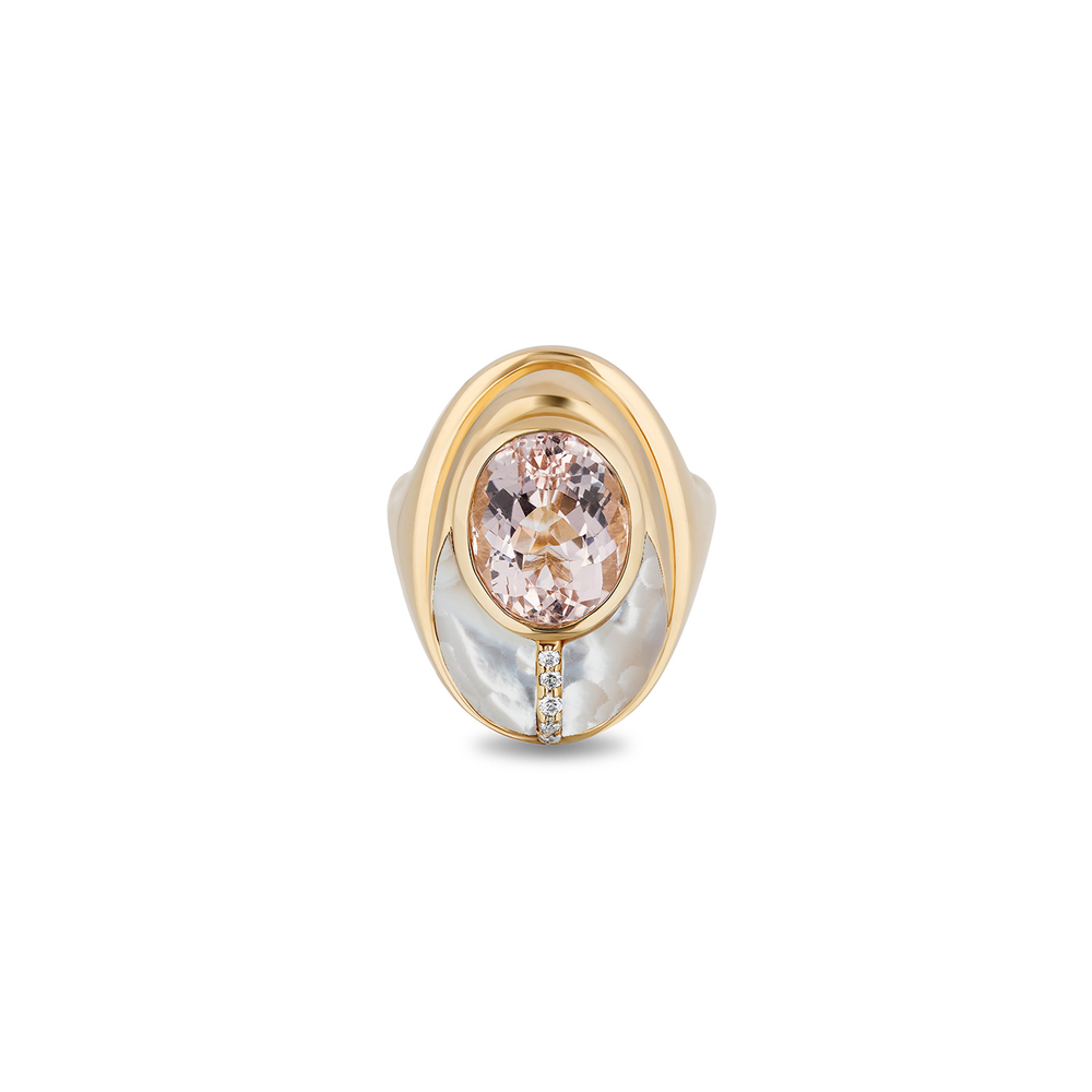 Mason And Books Love Bug Ring In Yellow Gold/Morganite/Mother Of Pearl, Size 5