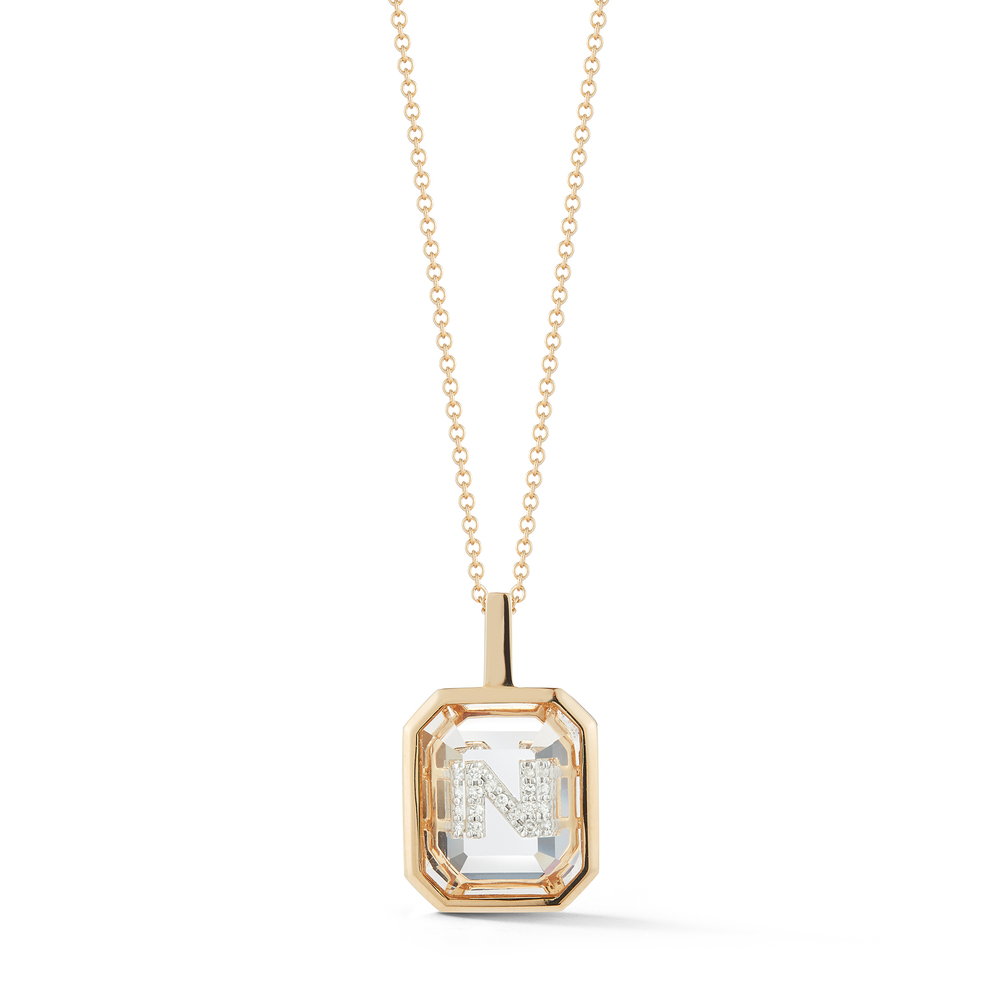 Mateo Gold Frame Crystal Quartz Secret Diamond Initial Necklace In Yellow Gold/Crystal Quartz/White Diamonds